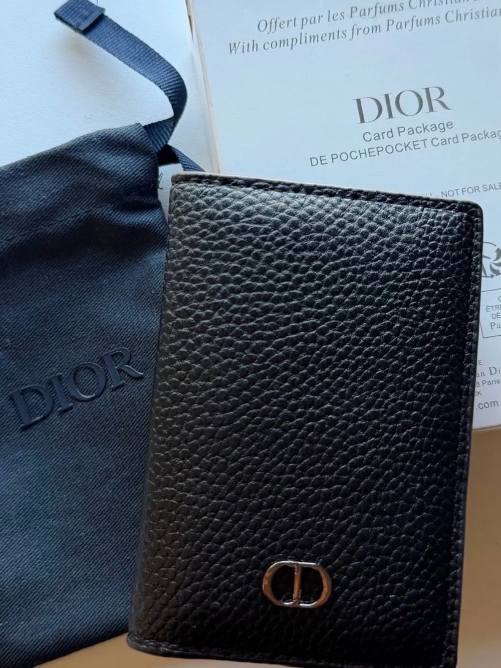 Dior GWP Black Pebbled Leather Card & Key Holder with Silver CD Accent